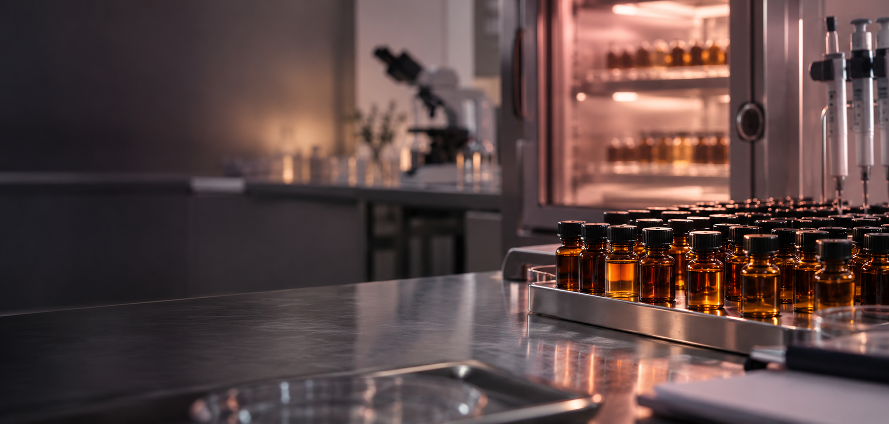 A real analytical laboratory with neatly organised amber sample vials and a temperature controlled chamber softly out of focus, refined muted rose light